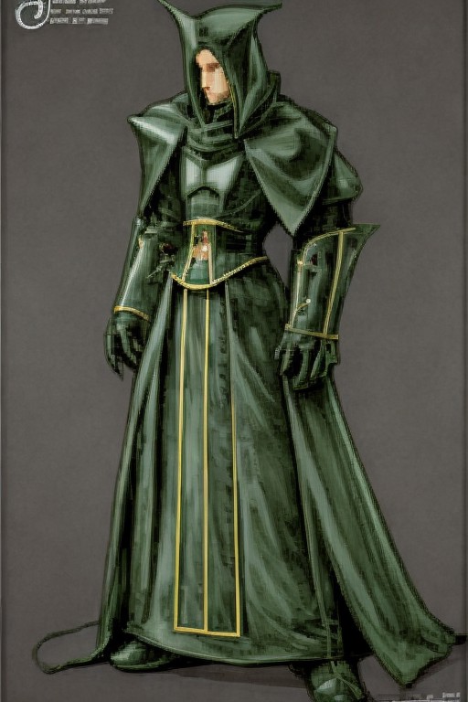 final fantasy character concept <lora:finfan:0.6> finfan,  black and green priest, high quality, crisp lines, fine detail,